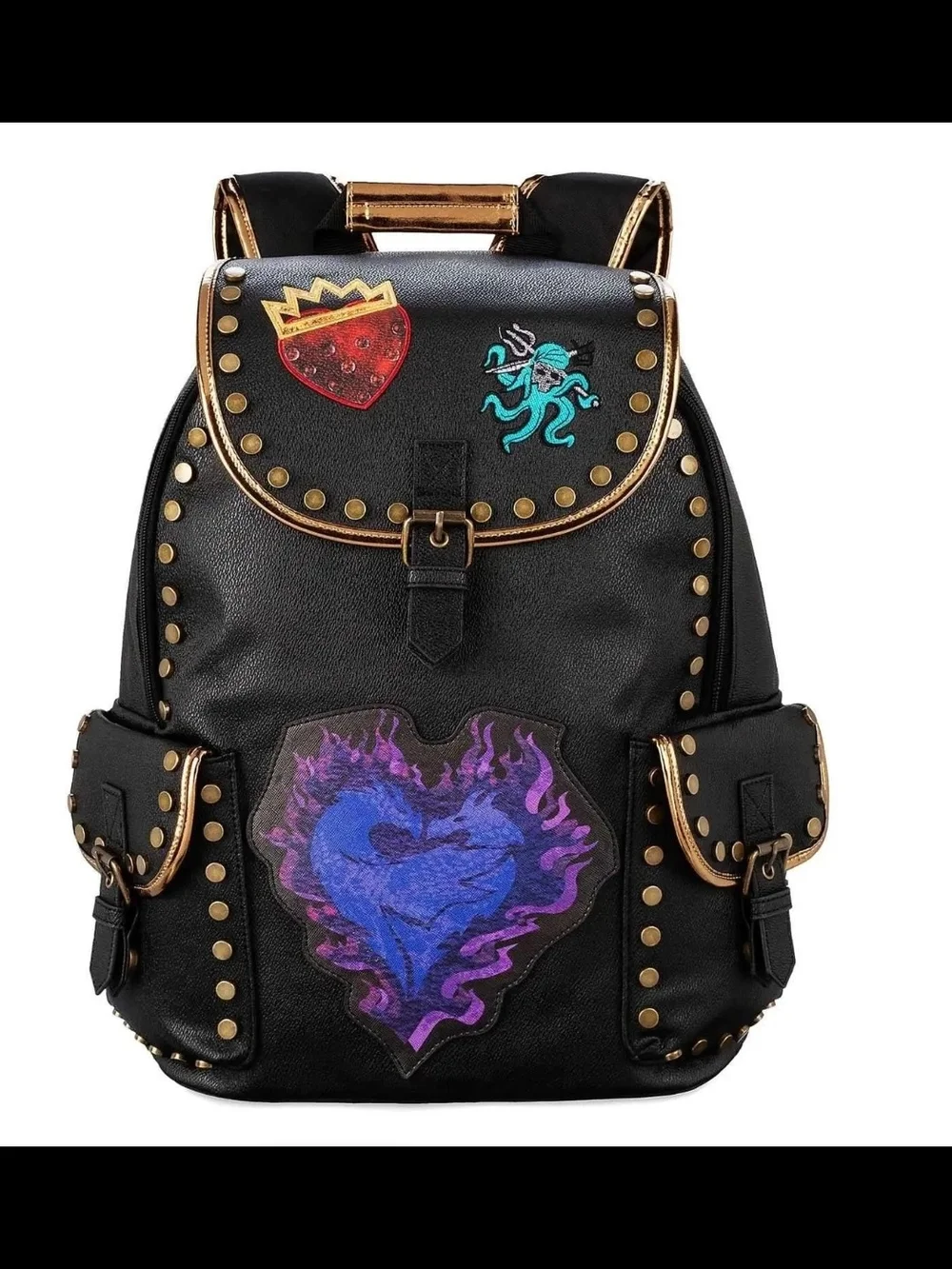 New! Disney Descendants Black Studded Backpack with Red & Gold Shield Patch
